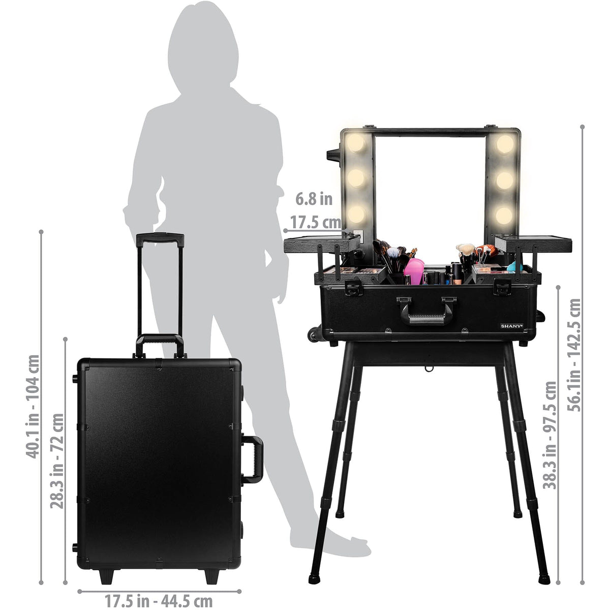 SHANY Studio ToGo Wheeled Trolley Makeup Case in Black, size comparison with dimensions