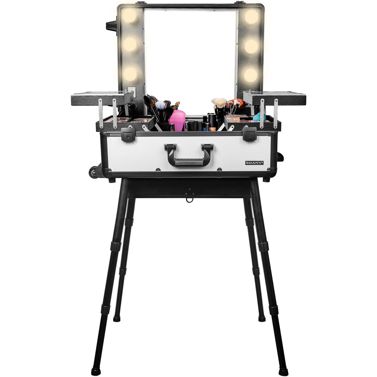 SHANY Studio ToGo Wheeled Trolley Makeup Case with Light in Off-White, open view