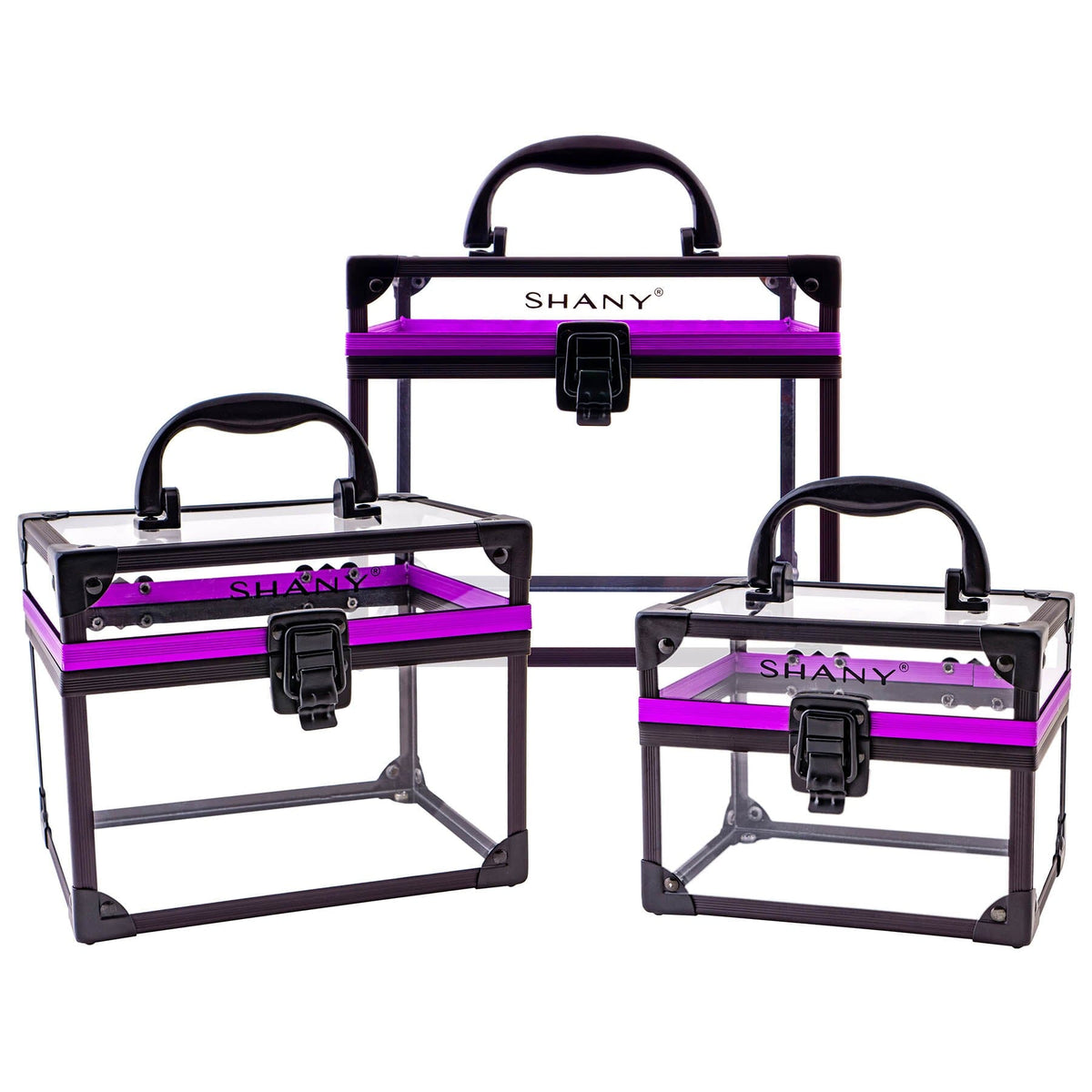 SHANY Clear Cosmetics and Toiletry Train Case set of three sizes, clear with black frame and purple trim