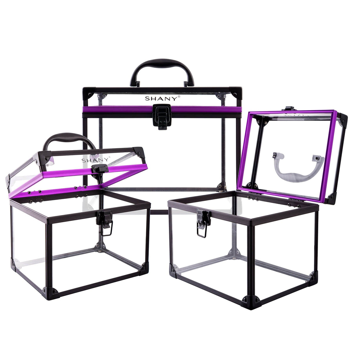 SHANY Clear Cosmetics and Toiletry Train Case set, open view