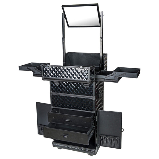 SHANY REBEL Series Pro Rolling Train Case in Black, open view with mirror and drawers