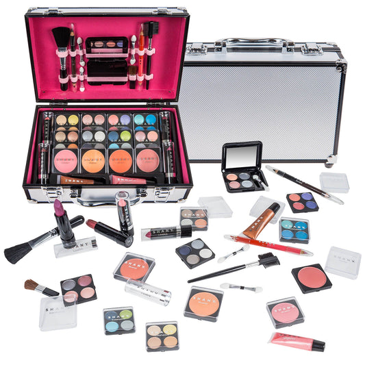 SHANY Carry All Makeup Train Case with makeup set in Silver, open view with contents