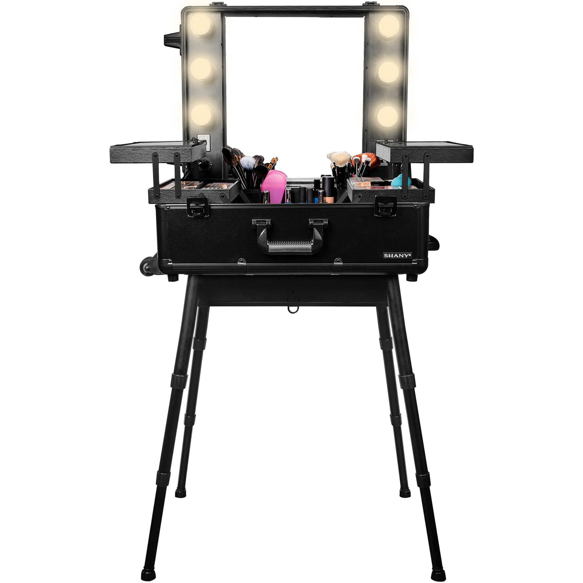 SHANY Studio ToGo Wheeled Trolley Makeup Case with Light in Black, open with lights and legs