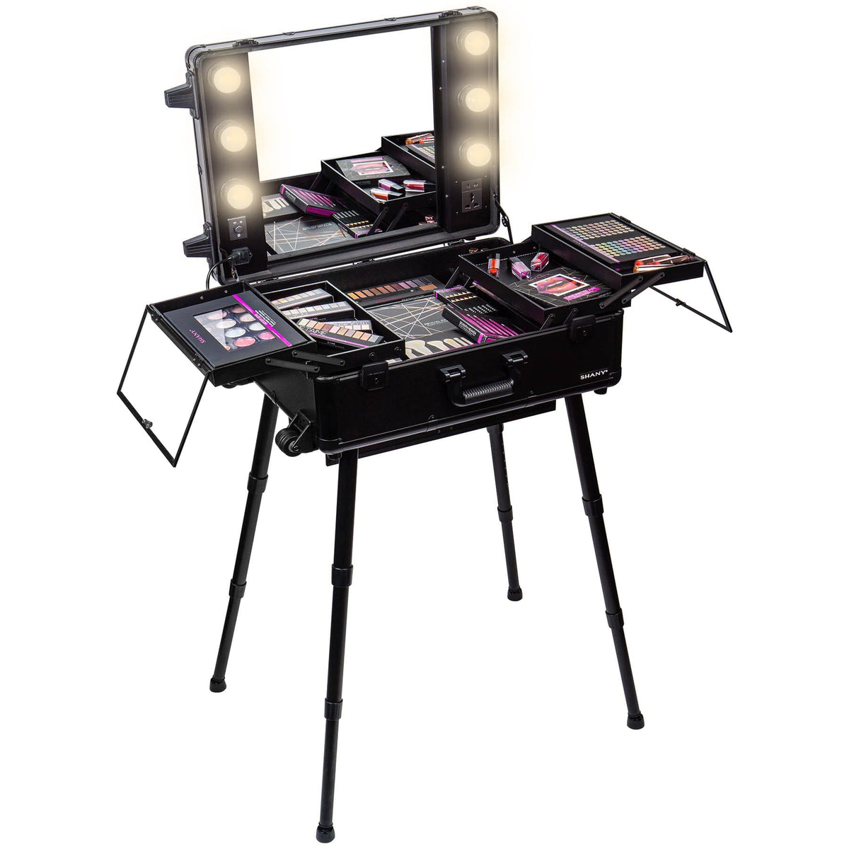 SHANY Studio ToGo Wheeled Trolley Makeup Case with Light in Black, open side view
