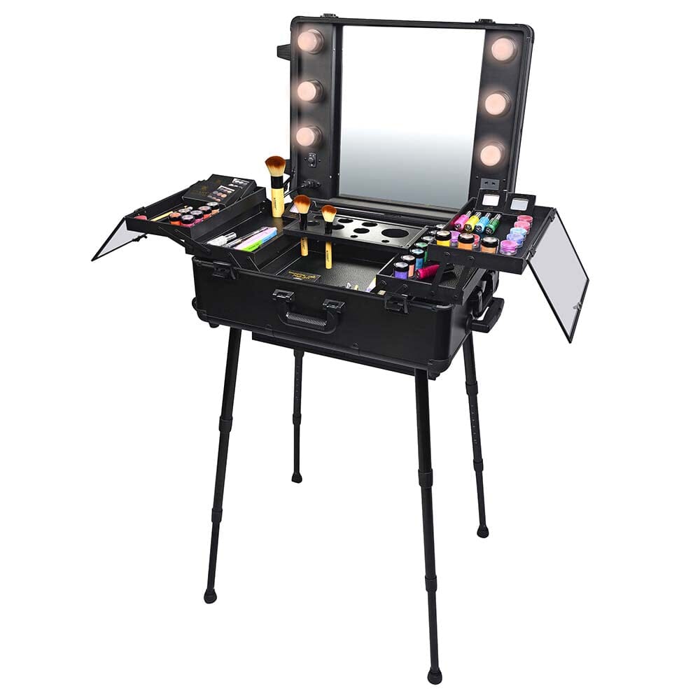 SHANY Studio ToGo Wheeled Trolley Makeup Case with Light in Black, open with mirror