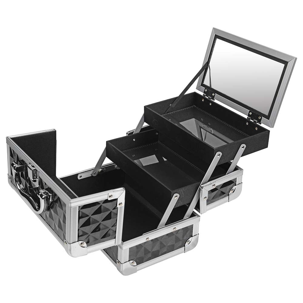 SHANY Chic Makeup Train Case with Mirror, open view with trays and mirror