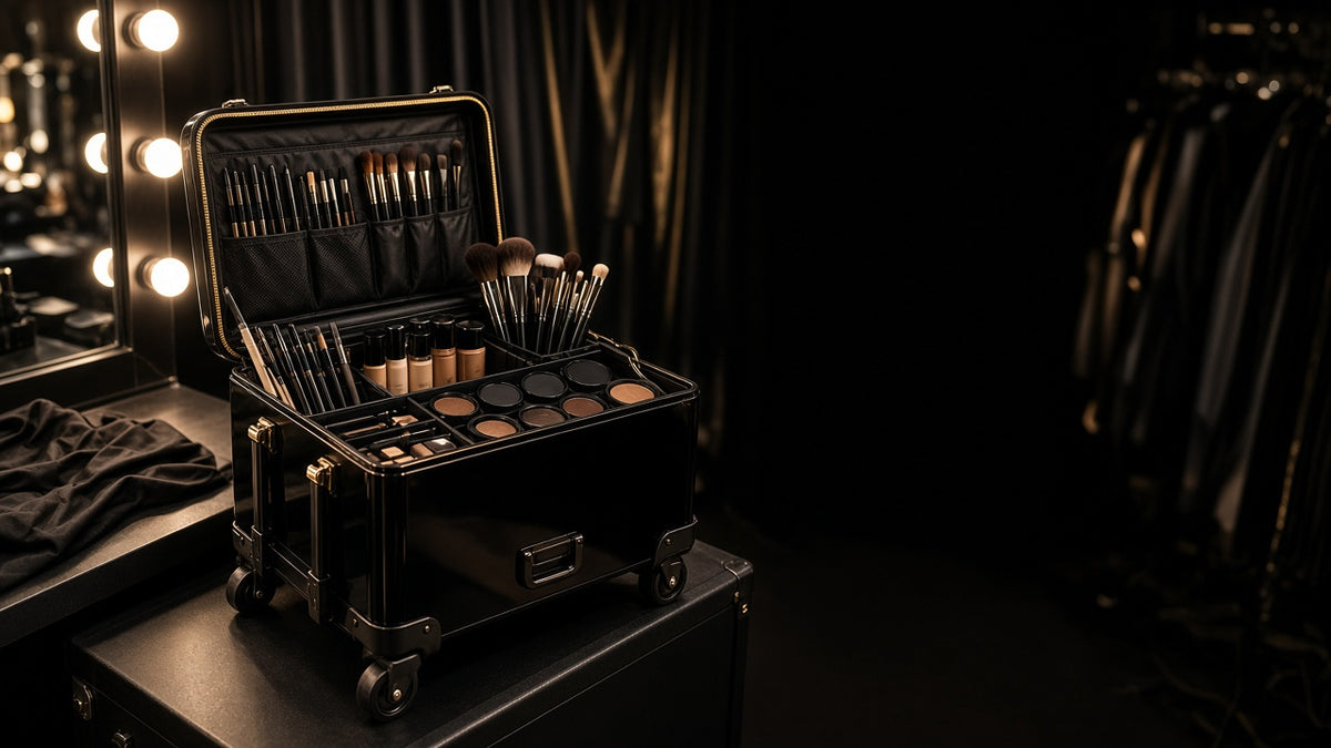 Professional rolling makeup train case open backstage beside a lit vanity mirror